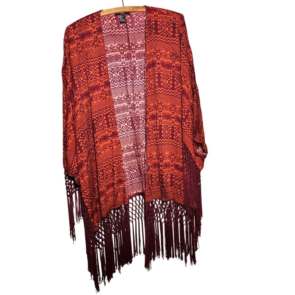 Forever 21 Womens Kimono Cardigan L Aztec Geometric Fringe Open Front‎ Festival